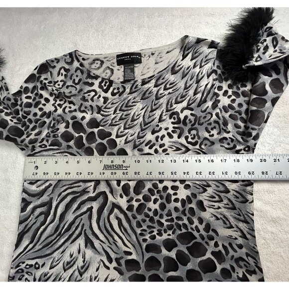 August Silk Women's Animal Print Knit Top Large Black Faux Fur Cuffs 100% Silk - Picture 7 of 8